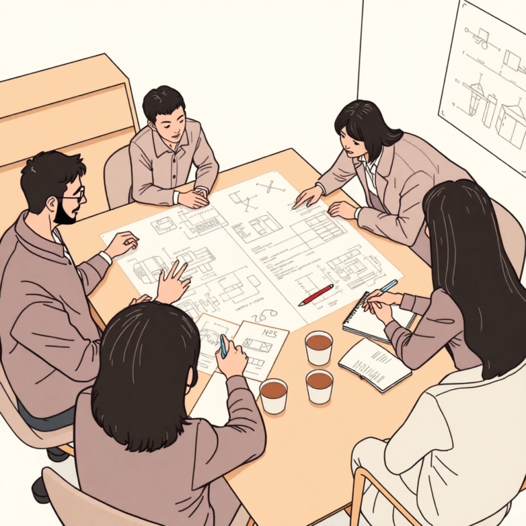 A professional team collaborating around a large table covered with detailed technical blueprints and written specifications.